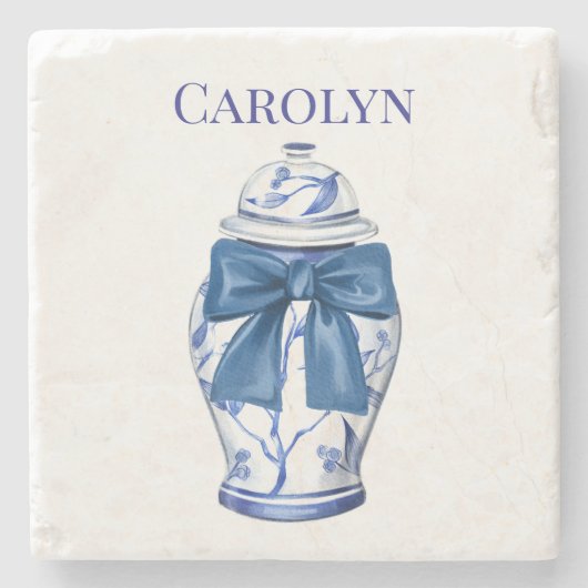 Chinoiserie Ginger Jar mit Blue Bow Steinuntersetzer (Vorderseite)