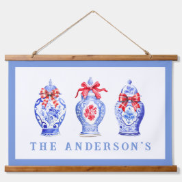 Chinoiserie Ginger Jar mit Red Bow | Weihnachten Wandteppich Mit Holzrahmen