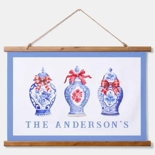 Chinoiserie Ginger Jar mit Red Bow | Weihnachten Wandteppich Mit Holzrahmen (Vorne)