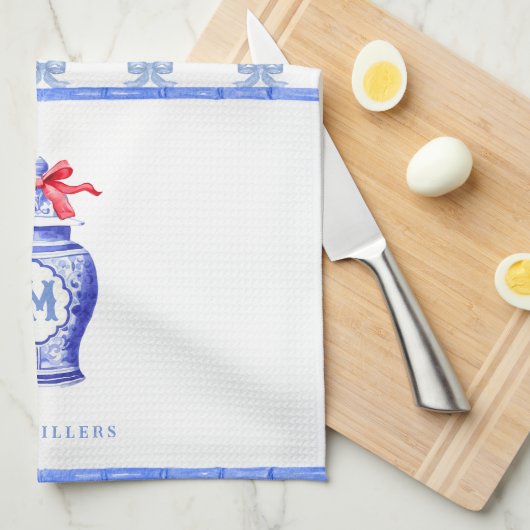 Chinoiserie Ginger Jar Monogram | Red Bow Geschirrtuch (Viertel Falte)