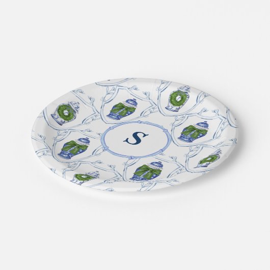 Chinoiserie Ginger Jars Weihnachten Mit Monogramm Pappteller (Schrägansicht)