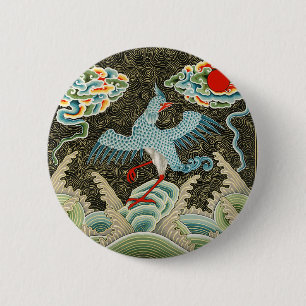 Chinoiserie Golden Crane Vogel & Seewellenmuster Button