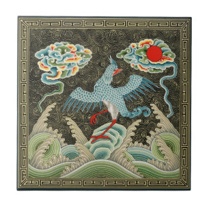 Chinoiserie Golden Crane Vogel & Seewellenmuster Fliese