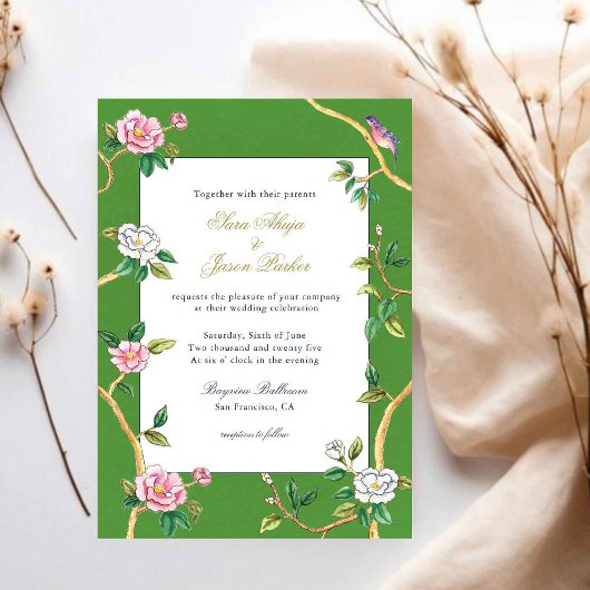 Chinoiserie Green & Gold Rahmen Hochzeit Einladung