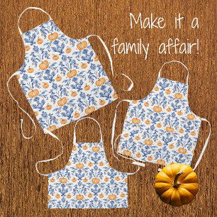 Chinoiserie Herbst Blau Weiß Orange Kürbisse Schürze