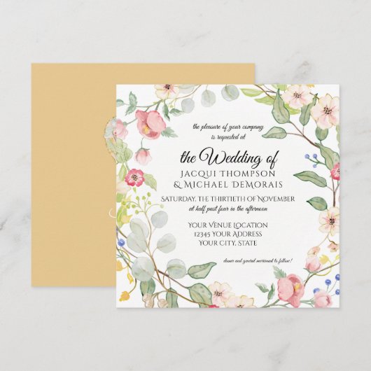 Chinoiserie-Herbst-GoldRoseblumenWatercolor Einladung (Vorne/Hinten)