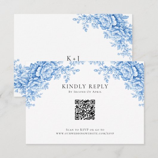 Chinoiserie-Hochzeit Minimal Monogramm RSVP QR Cod Karte (Vorne/Hinten)