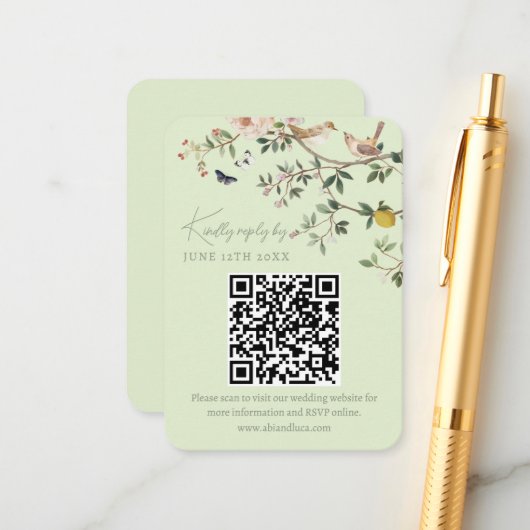Chinoiserie-Hochzeitswebsite RSVP-QR-Code  Begleitkarte (Vorderseite/Rückseite Beispiel)