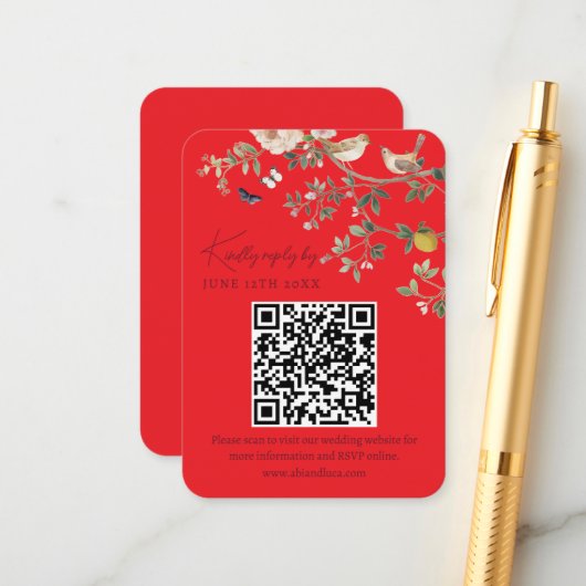 Chinoiserie-Hochzeitswebsite RSVP-QR-Code Begleitkarte (Vorderseite/Rückseite Beispiel)