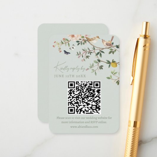 Chinoiserie-Hochzeitswebsite RSVP-QR-Code Begleitkarte (Vorderseite/Rückseite Beispiel)