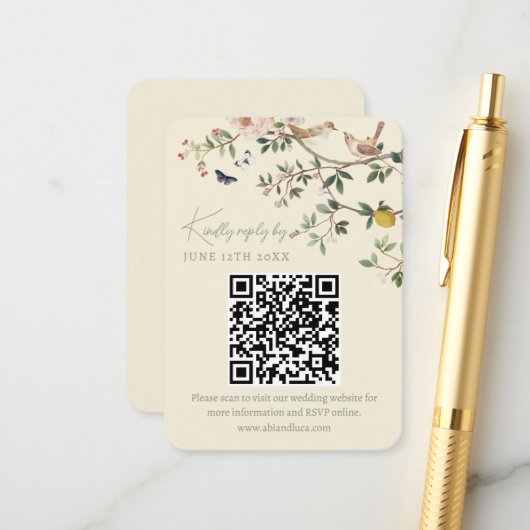 Chinoiserie-Hochzeitswebsite RSVP-QR-Code Begleitkarte (Vorderseite/Rückseite Beispiel)
