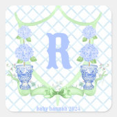 Chinoiserie Hydrangea Monogram Quadratischer Aufkleber (Vorderseite)