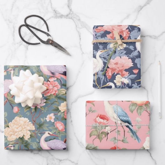 Chinoiserie Jade Pink & Navy Floral Egret Geschenkpapier Set (Vorderseite)