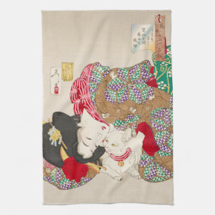 Chinoiserie Japanische Dame & Katze Kimono Kunst Geschirrtuch