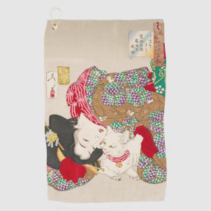 Chinoiserie Japanische Dame & Katze Kimono Kunst Golfhandtuch