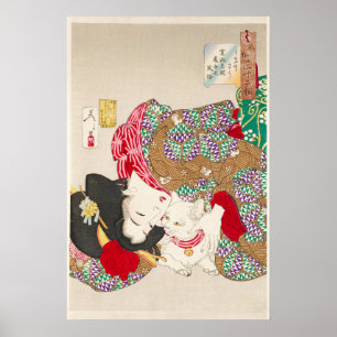 Chinoiserie Japanische Dame & Katze Kimono Kunst Poster