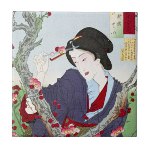 Chinoiserie Japanische Dame & Rote Kirschblüte Fliese