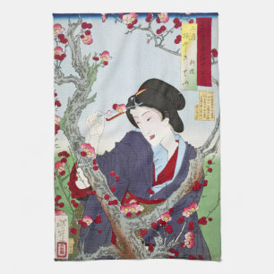 Chinoiserie Japanische Dame & Rote Kirschblüte Geschirrtuch