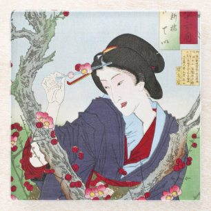 Chinoiserie Japanische Dame & Rote Kirschblüte Glasuntersetzer