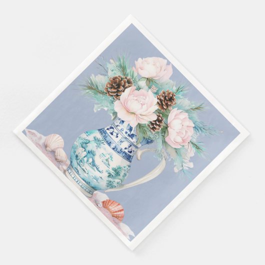 Chinoiserie Jug mit Pinecones und Seashells Serviette (Ecke)