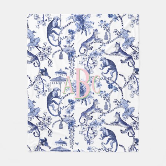 Chinoiserie Jungle Toile | Blau-Weiß-Monogramm Fleecedecke (Vorderseite)
