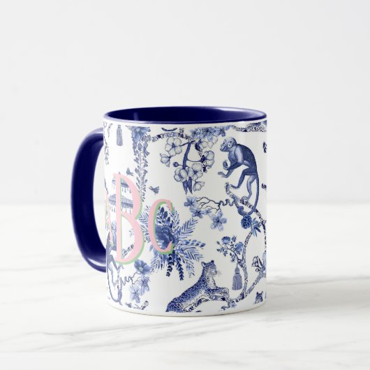 Chinoiserie Jungle Toile | Blau-Weiß-Monogramm Tasse (Vorderseite Links)