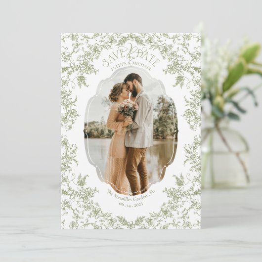 Chinoiserie Klassische Liebe Eukalyptus Save The Date (Stehend Vorderseite)