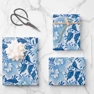 Chinoiserie Klassisches asiatisches Blumenblau Geschenkpapier Set
