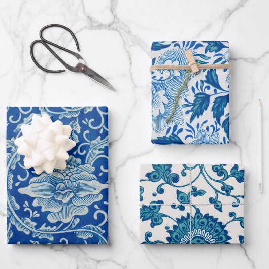 Chinoiserie Klassisches Chinesisches Blumenblau We Geschenkpapier Set (Vorderseite)