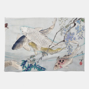 Chinoiserie Koi-Fisch- und Lila-Wisteria-Druck Geschirrtuch