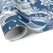 Chinoiserie Landschaftsbild Malerei Blau Weiß Geschenkpapier (Rolleneckpunkt)