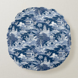 Chinoiserie Landschaftsbild Malerei Blau Weiß Rundes Kissen