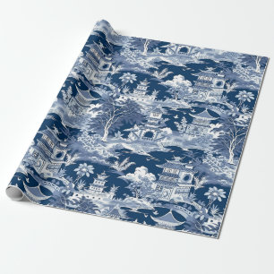 Chinoiserie-Landschaftsmalerei Blau Weiß Geschenkpapier
