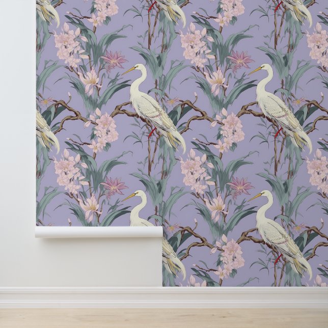 Chinoiserie Lavender Blume & Egrets Muster Tapete (Anwendung)