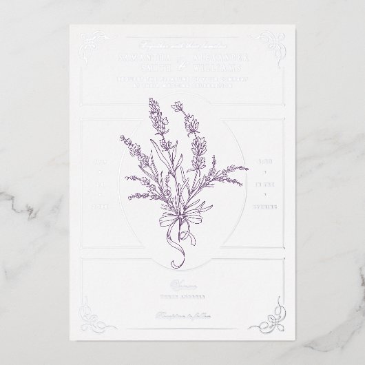 Chinoiserie Lavender Bouquet Viktorianische Hochze Folieneinladung (Vorderseite)