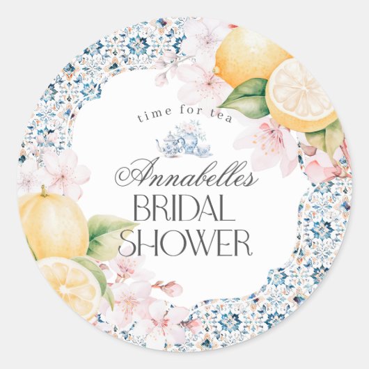Chinoiserie Lemon Tea Bridal Dusche Einladung Runder Aufkleber (Vorderseite)