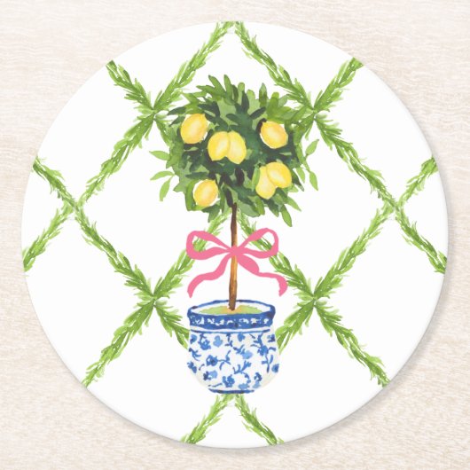 Chinoiserie Lemon Topiary Grün und Weiße Blüten Runder Pappuntersetzer (Vorderseite)