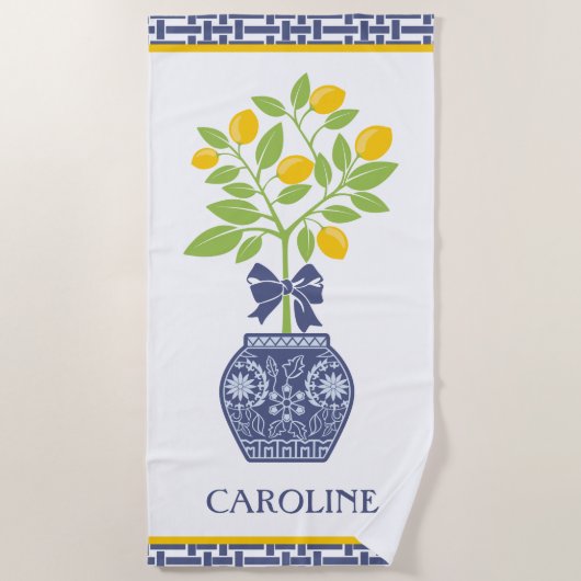 Chinoiserie Lemon Tree Personalisiertes Badetuch (Vorderseite)