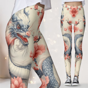 Chinoiserie Lotus-Drache   Blau- und rosa Kunst Leggings
