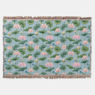 Chinoiserie Lotus Pond and Dragonfly Throw Blanket Decke