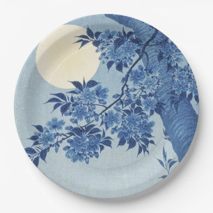 Chinoiserie Marineblaue Kirschblüte & Vollmond Pappteller