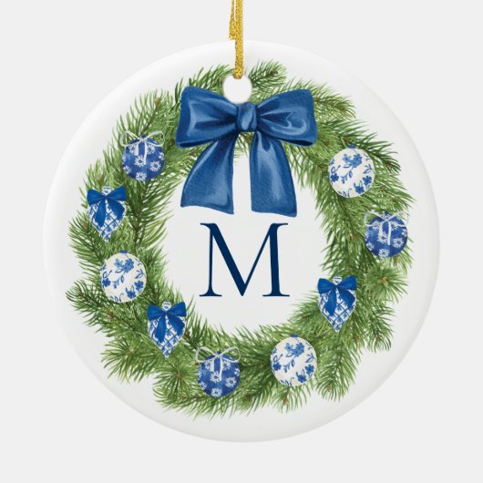 Chinoiserie Mit Monogramm Wreath Keramik Ornament (Hinten)