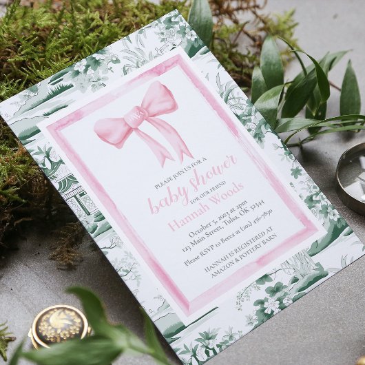 Chinoiserie Monogram Babydusche Pink & Green Bow Einladung