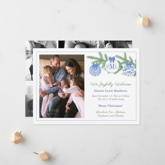 Chinoiserie Monogram Christmas Baby Boy Birth Ankündigung (Vorderseite/Rückseite Beispiel)