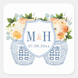 Chinoiserie Monogram Gastgeschenk Hochzeit Herbst Quadratischer Aufkleber