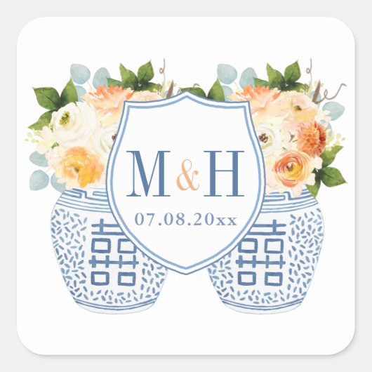 Chinoiserie Monogram Gastgeschenk Hochzeit Herbst Quadratischer Aufkleber (Vorderseite)