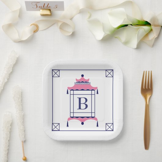 Chinoiserie Monogrammed Pagoda Party Plates Pappteller (Hochzeit)