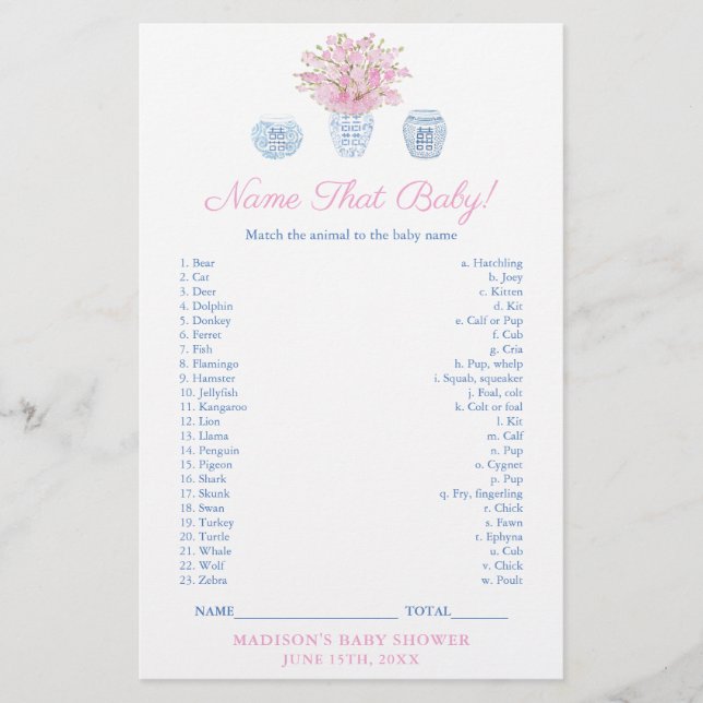 Chinoiserie Name the Baby Animal Shooter Game Card (Vorderseite)