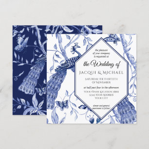 Chinoiserie Navy Blue Peacock Butterfly Hexagon Einladung