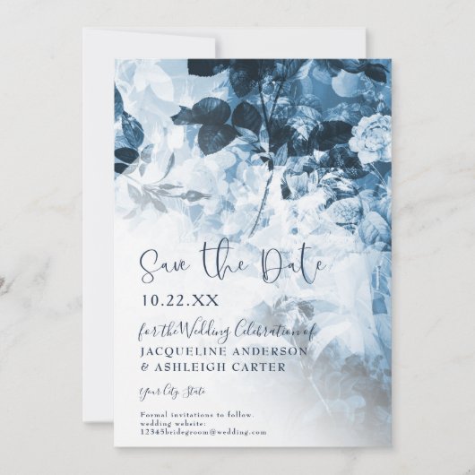 Chinoiserie Navy Blue White Floral Script Foto Save The Date (Vorderseite)